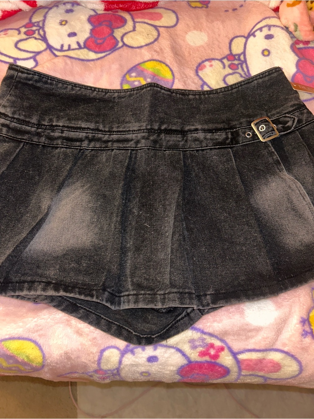 Black Denim Pleated Mini Skirt with Buckle Detail